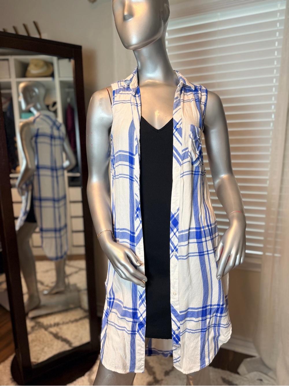 Rails Jordyn Plaid Sleeveless Tunic Extra Small XS White Blue High Low Shirt